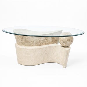 1980s Tessellated & Mactan Stone Sculptural Coffee Cocktail Table with Beveled Glass Top