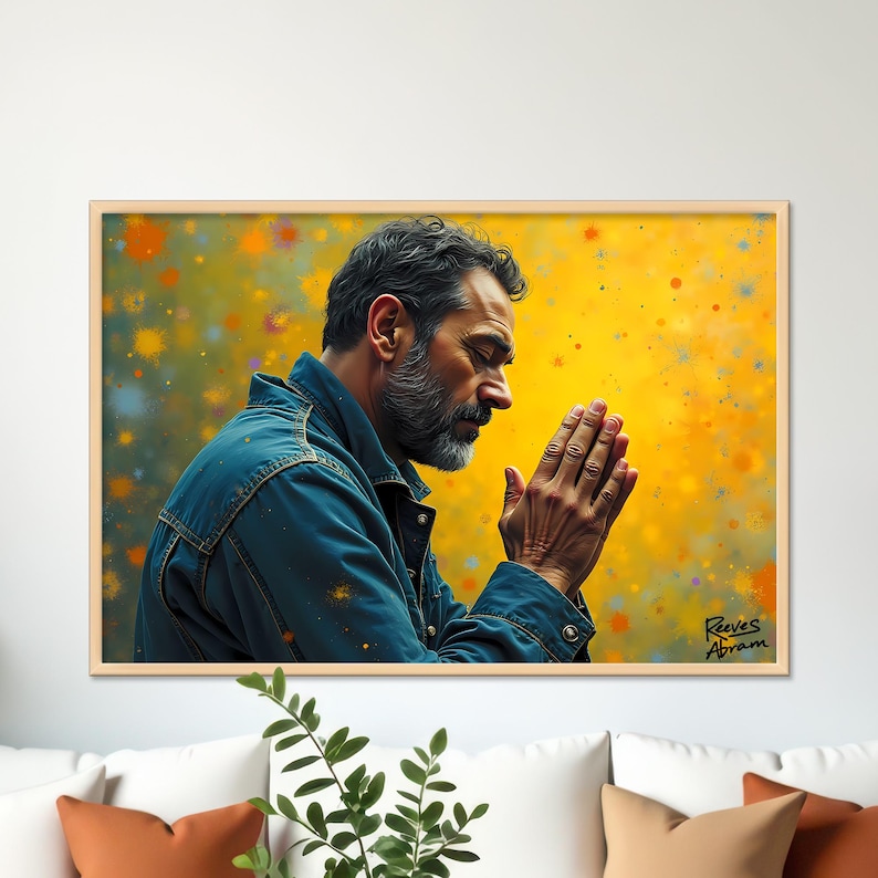Man in Prayer Illustration | 36 x 24 Canvas (Horizontal) | Christian Wall Art | Home Decor