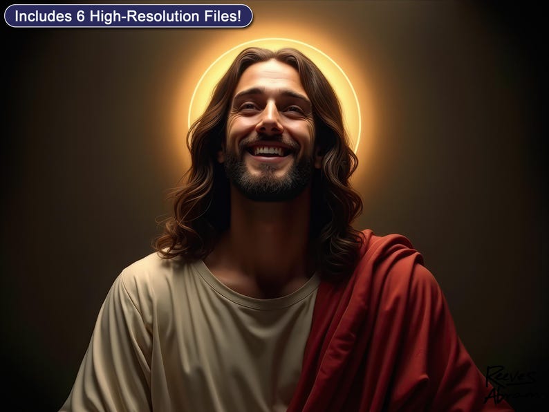 Smiling Jesus Wall Art Printable - Joyful Christ Portrait with Golden Halo | Christian Scripture Decor Digital Download