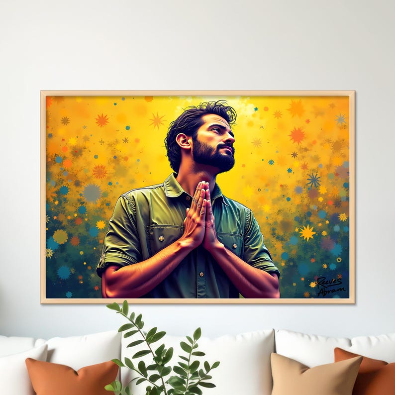 Praying Man Starburst | 36 x 24 Canvas (Horizontal) | Christian Wall Art | Illustration Style