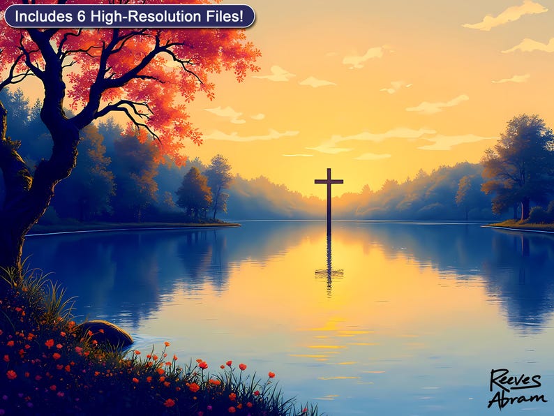 Cross Sunset Wall Art Printable - Peaceful Christian Memorial Decor, Faith Lake Digital Download