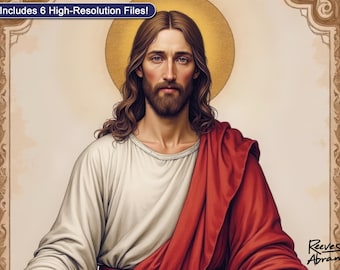 Jesus Christus mit Heiligenschein und verziertem Rand | Digitaler Download | Christliche Wandkunst | Renaissance inspiriert | Sakrales Kunstwerk | Glaube Wohnkultur