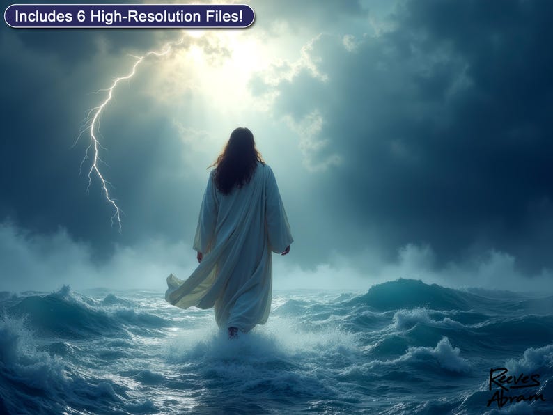 Jesus Walking on Water Art Printable - Bible Miracle Wall Decor, Storm Faith Christian Digital Download