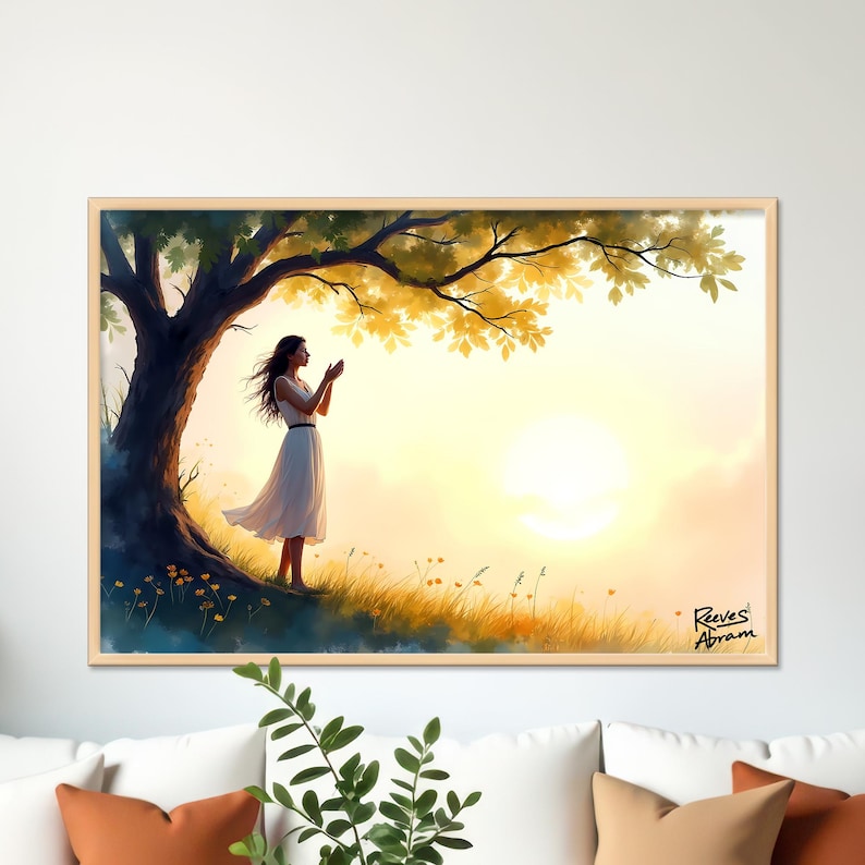 Praying Woman in Nature | 36 x 24 Canvas (Horizontal) | Christian Wall Art | Faith Decor