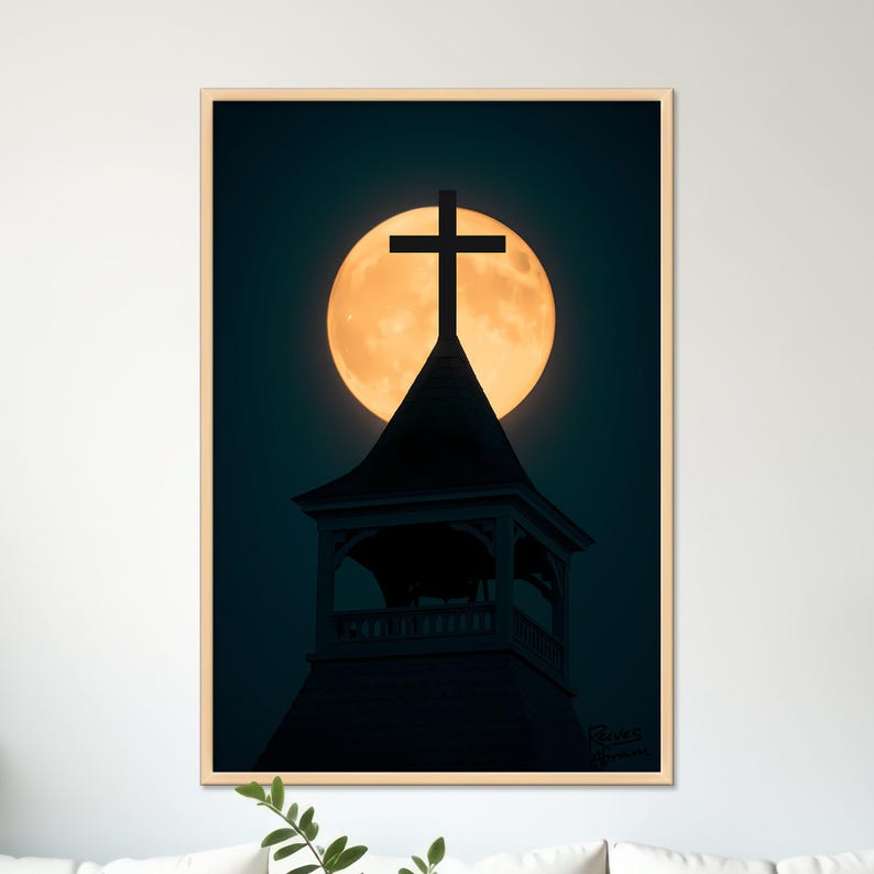 Church Steeple Moon Canvas | Christian Home Decor (24 x 36)