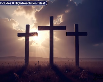 Drei Kreuze auf Golgatha zum Ausdrucken - Dunkelheit über dem Land | Karfreitag Christliche Wandkunst