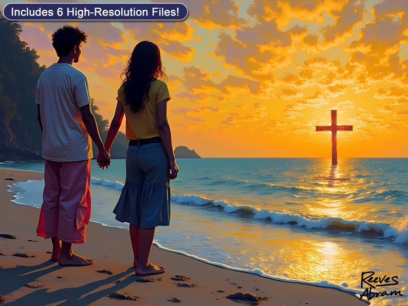 Christian Couple Sunset Print | Cross and Sea (Digital Download)