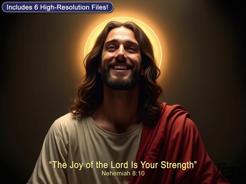 Smiling Jesus with Scripture Wall Art Printable - 'The Joy of the Lord Is Your Strength' Nehemiah 8:10 | Christian Bible Verse Decor
