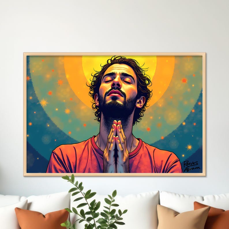 Praying Man with Halo | 36 x 24 Canvas (Horizontal) | Christian Wall Art | Illustration