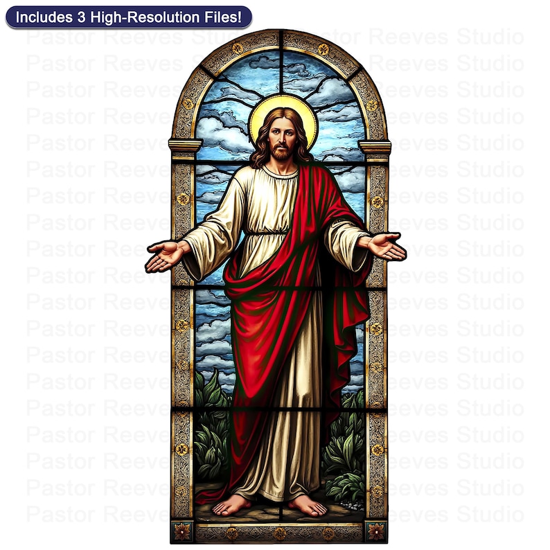 Antique Stained Glass Jesus Printable - Christ With Open Arms Christian Wall Art | Sacred Church Decor Digital Download