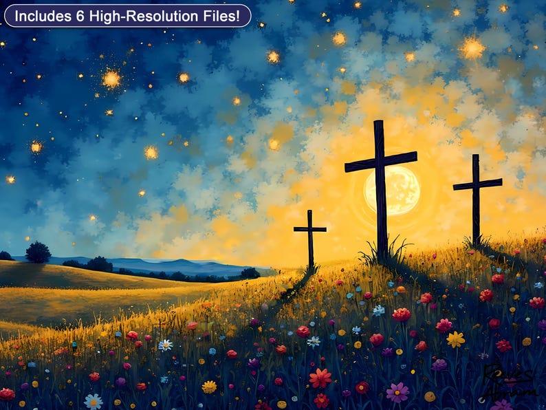 Three Crosses on Hill Printable - Good Friday Christian Wall Art | Lenten Reflection Decor