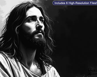 Betrachtender Jesus | Christliche Wandkunst | Glaube Wohnkultur | Schwarz-/Weiß-Illustration (Digitaler Download)