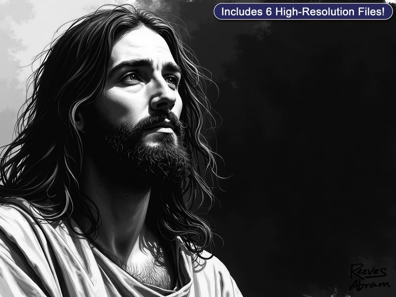 Contemplative Jesus | Christian Wall Art | Faith Home Decor | Black & White Illustration (Digital Download)