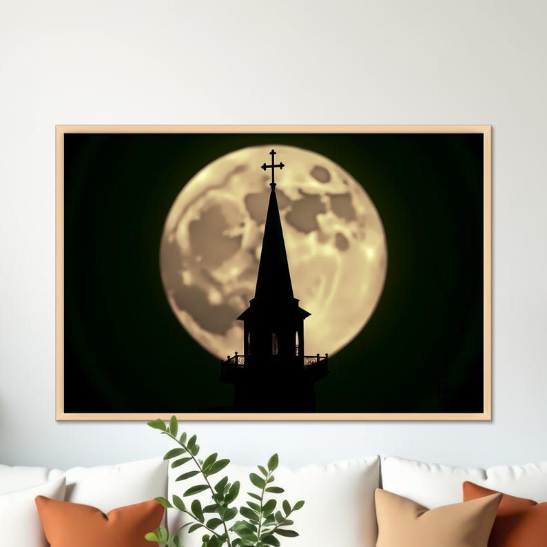 Moonlit Church Steeple Canvas | Christian Night Sky Art (36x24)