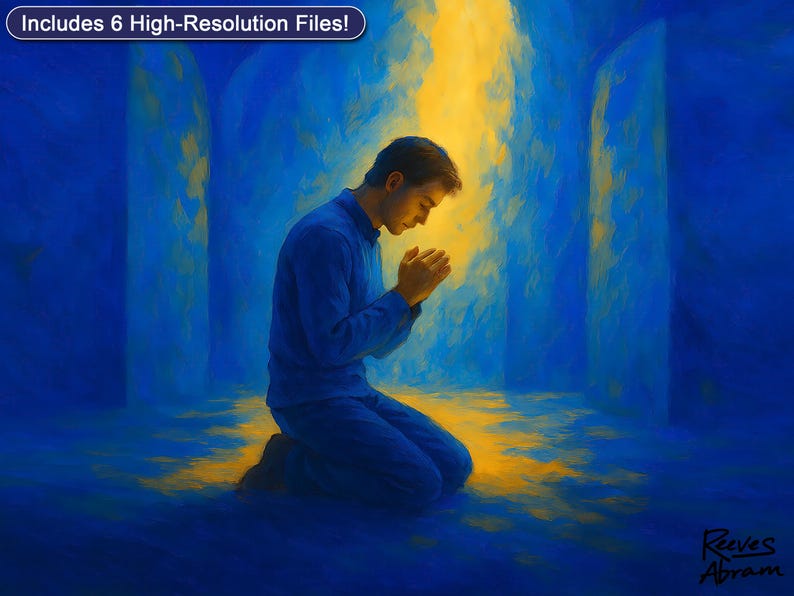 Kneeling in Prayer | Digital Download | Christian Wall Art | Man Praying Painting | Faith Home Decor