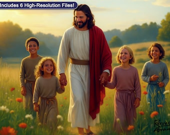 Jesus und Kinder in Wildblumen Wand Kunst zum ausdrucken - Christus in Wildblumen | Christliche Wohnkultur digitaler Download