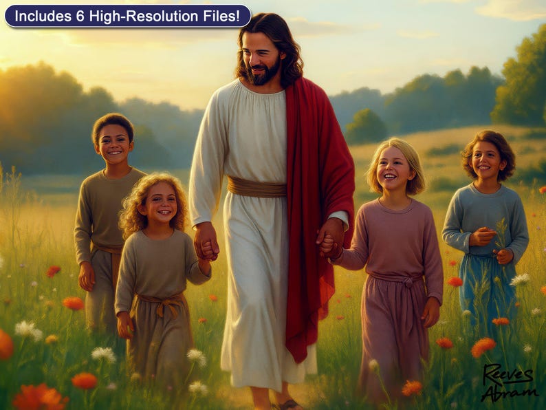 Jesus with Children Wall Art Printable – Christ in Wildflowers | Christian Home Decor Digital Download