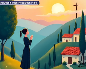 Frau betet bei Sonnenuntergang zum Kreuz | Digitaler Download | Christliche Wandkunst | Gebet & Glaube Wohnkultur