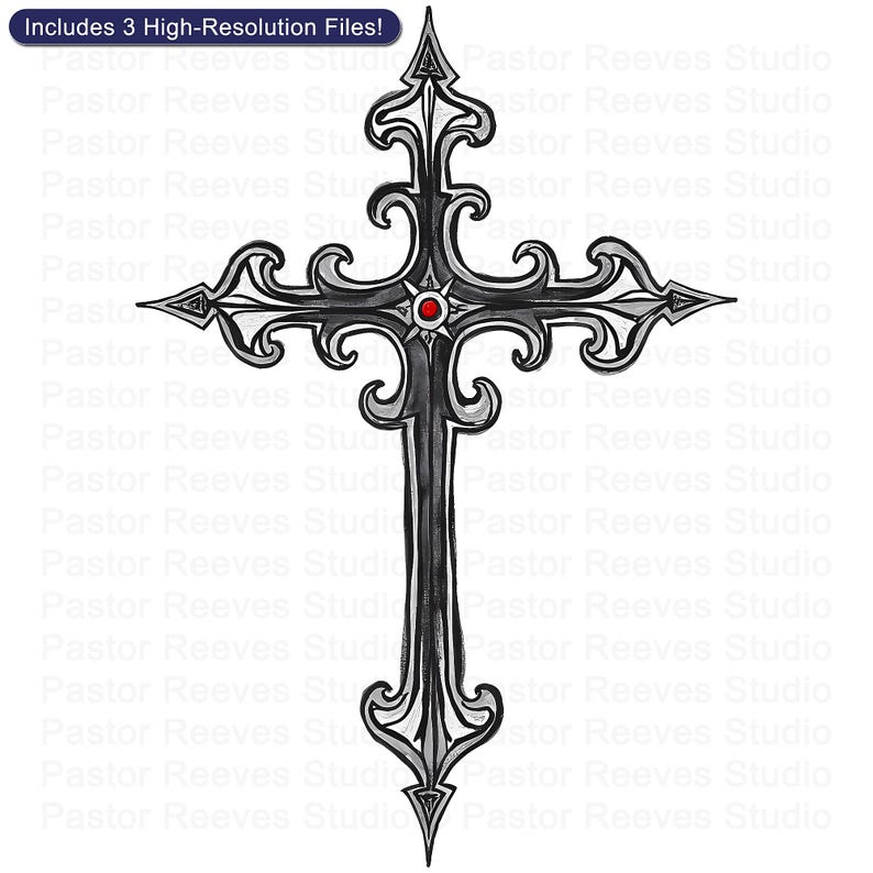 Ornate Cross with Red Gem - Print On Demand (POD) | Christian Artwork | Printable Shirt Design | Faith Wall Art (Digital Download)