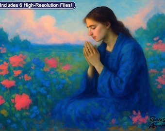 Betende Frau in Wildblumen | Digitaler Download | Christliche Wandkunst | Glaube Wohnkultur