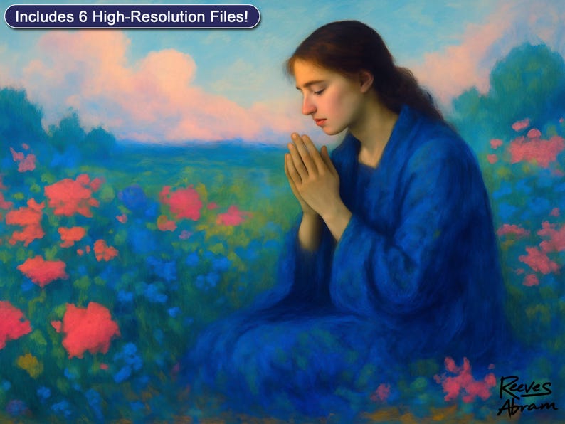 Praying Woman in Wildflowers | Digital Download | Christian Wall Art | Faith Home Decor