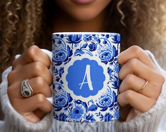 Personalized Floral Monogram Mug – Blue & White Initial Coffee Cup