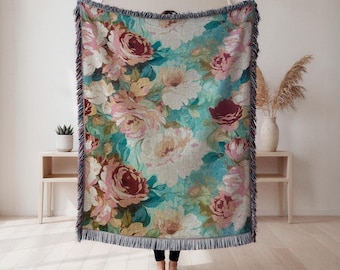Vintage Floral Woven Blanket - 100% Cotton Tapestry Throw, Boho Cottagecore Home Decor, Cozy Floral Blanket Gift
