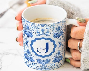 Personalized Monogram Mug - Blue Floral Crest Initial Coffee Cup