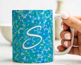 Blue Floral Monogram Mug – Personalized Initial Coffee Cup