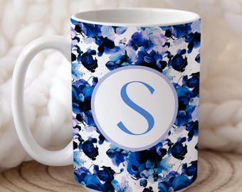 Personalized Blue Floral Initial Mug, Custom Monogram Coffee Cup, Ceramic Gift