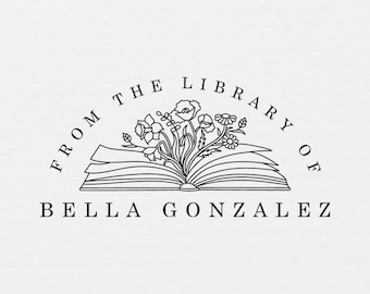 Book Stamp, Floral Book Stamp, Custom Ex Libris Stamp, Personalized Library Stamp, From the Library of Stamp, 2 x 1" Stamp - L06