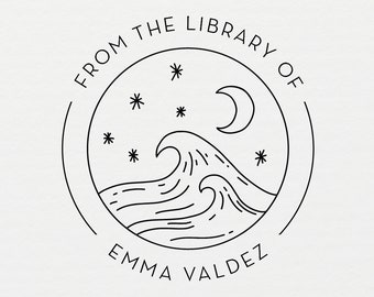 Book Stamp, Celestial Waves Book Stamp, Custom Ex Libris Stamp, Personalized Library Stamp, From the Library of Stamp, 1.5" Stamp - L15
