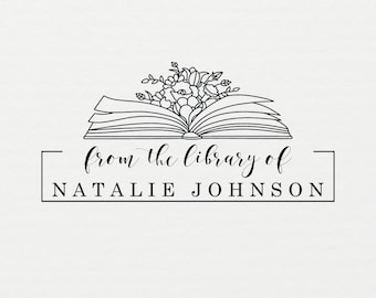 Book Stamp, Floral Book Stamp, Custom Ex Libris Stamp, Personalized Library Stamp, From the Library of Stamp, 2 x 1" Stamp - L20