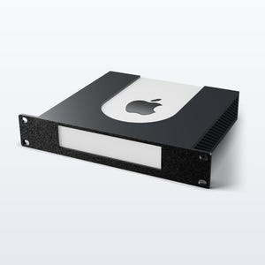 May include: A black metal rack mount enclosure featuring a textured front panel with a rectangular cutout. The top surface is black with a white U-shaped insert displaying a black Apple logo. The side panels have vertical ventilation slats.