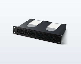 May include: A black rack-mount chassis featuring a front panel with two rectangular mesh ventilation sections. The top surface includes two recessed cutouts, each containing a white rectangular insert with a circular indentation in the center.