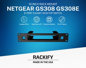 Op de afbeelding: Een zwarte 10 inch rackmount voor Netgear GS308 en GS308E 8-poorts gigabit desktop switches. Het product is gemaakt van duurzaam PETG, heeft een strakke pasvorm, keystone-opties en past in 10 inch racks. De merknaam Rackify is weergegeven.