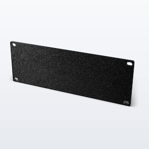 May include: A rectangular black rack mount blanking panel with a textured finish. The panel features four rounded mounting holes, one located at each corner, designed for secure installation into a standard equipment rack or server cabinet enclosure.