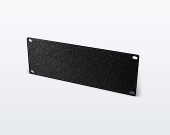May include: A rectangular black rack mount blanking panel with a textured finish. The panel features four rounded mounting holes, one located at each corner, designed for secure installation into a standard equipment rack or server cabinet enclosure.