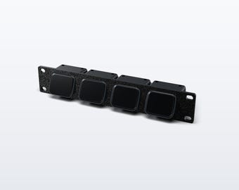 May include: A black rack-mount panel featuring four square, glossy black push-button switches arranged in a horizontal row. The panel has a textured finish and includes mounting holes on both ends for secure installation into a standard equipment rack.