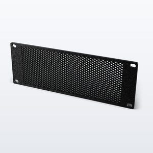 May include: A rectangular black metal rack panel featuring a central perforated mesh section with a fine grid pattern. The panel includes four mounting holes, one located at each corner, designed for secure installation into a standard equipment rack.