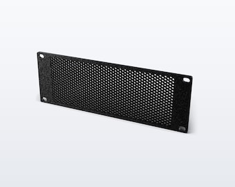 May include: A rectangular black metal rack panel featuring a central perforated mesh section with a fine grid pattern. The panel includes four mounting holes, one located at each corner, designed for secure installation into a standard equipment rack.