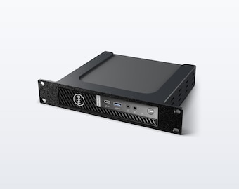 May include: A black Dell OptiPlex 7000 series rack-mount computer featuring a front panel with a Dell logo, a USB-C port, a USB-A port, two audio jacks, and a power button. The unit has a textured black metal faceplate with mounting holes.