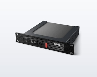 May include: A black Lenovo ThinkCentre computer unit designed for rack mounting. The front panel features a perforated metal grille, a power button, audio jacks, a USB-C port, a USB-A port, and a small red vertical tag with the Lenovo logo.