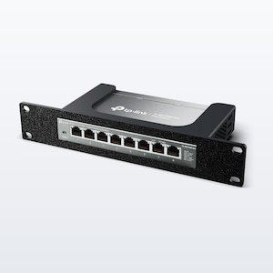 May include: A black TP-Link TL-SG1008-M2 network switch featuring eight Ethernet ports on the front panel. The device is mounted on a black metal rack-mount bracket with screw holes on each side, designed for standard networking equipment installation.
