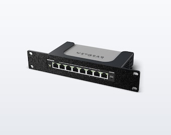 May include: A black and grey Netgear GS308E network switch featuring eight Ethernet ports on the front panel. The device includes a rack-mount bracket with mounting holes on each side and a status indicator light next to the ports.