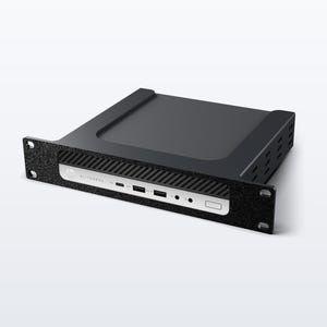 May include: A black rack-mount computer chassis featuring a textured front panel with mounting holes on each side. The silver center section includes a power button, multiple USB ports, a USB-C port, and audio jacks, with the text ELITEDESK visible.