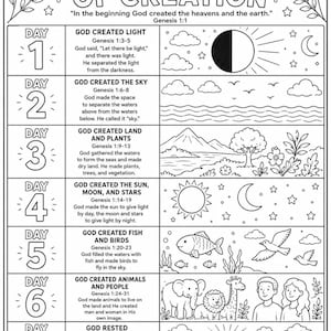May include: A black and white educational coloring page titled The Seven Days of Creation. It features seven rows, each illustrating a day of creation with text, scripture references, and line art drawings of nature, animals, and people.