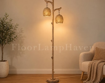 Vintage Floor Lamp with Woven Straw Shade, 68" Dimmable Resin Standing Lamp, Rustic Tree Trunk Light for Living Room