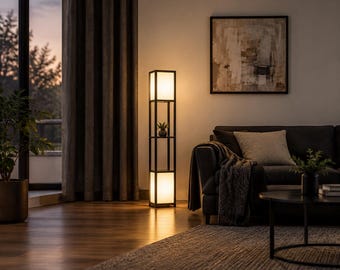 Modern Shelf Floor Lamp with Dual Ambient Lighting, Contemporary Standing Lamp for Living Room and Bedroom