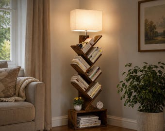 6 Tier Tree Bookshelf with Light, Tall Narrow Bookcase Tower with Storage Cabinet, Rustic Brown Book Organizer